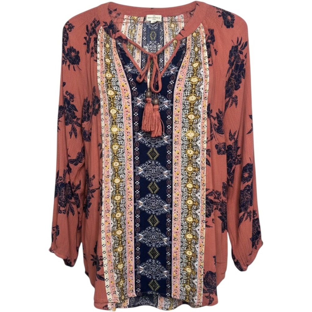 Mason & Belle Women Floral Border Print Tassel Tie Rayon Blouse Terracotta M